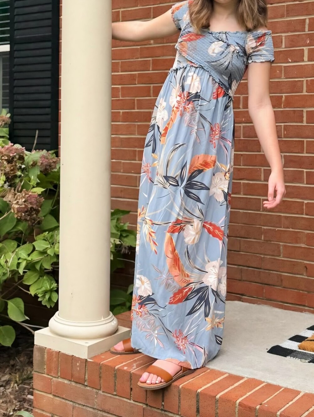 Patrons of Peace Sky Blue Floral Smocked Maxi Dress